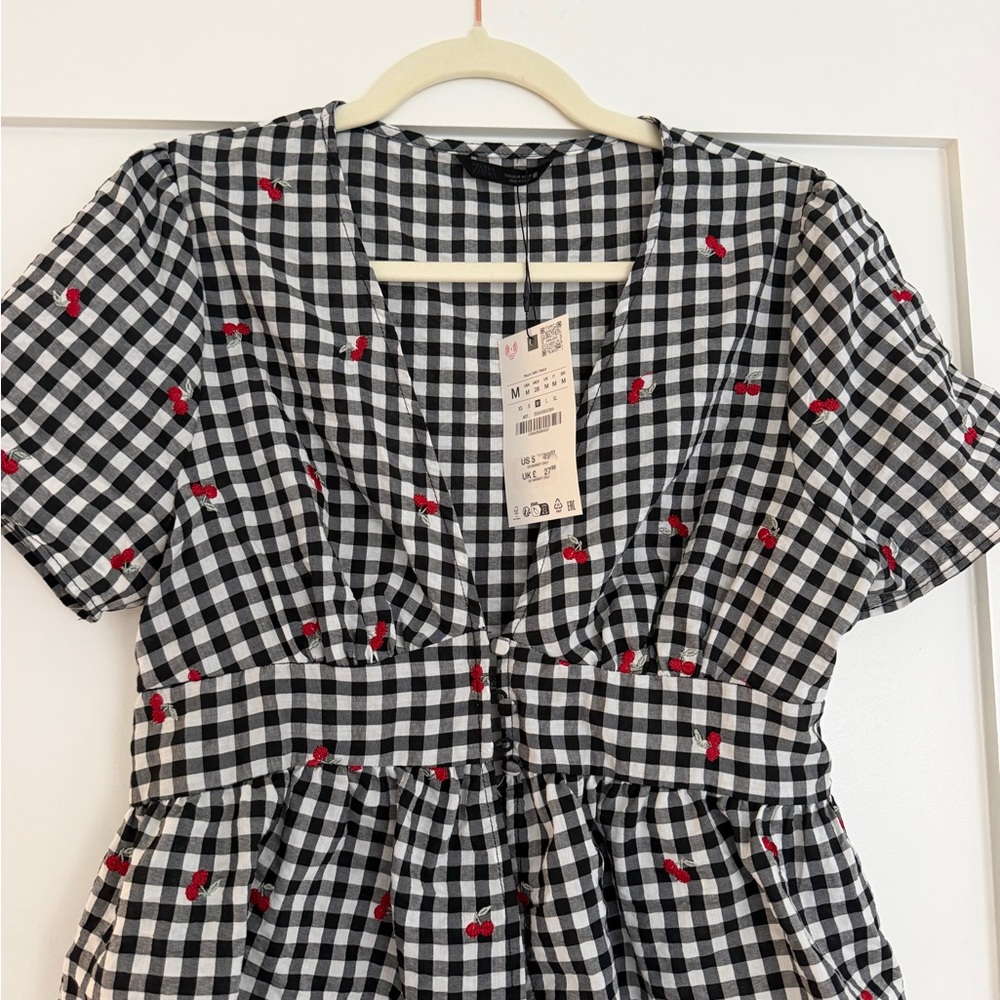 Zara Black & White Gingham Crop Top with Red Embroidery